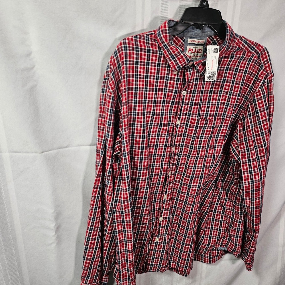 Old Navy Button Down Shirt Mens XXL Red Plaid Regular Fit Long Sleeve Pocket
